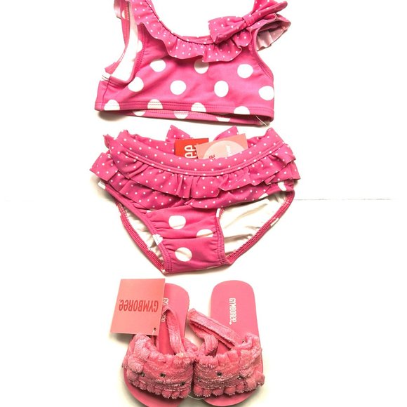 NWT  Gymboree Girl Polka Dot 2 Piece Swimsuit & Matching Terry Sandals Size 6-12 - Picture 1 of 8